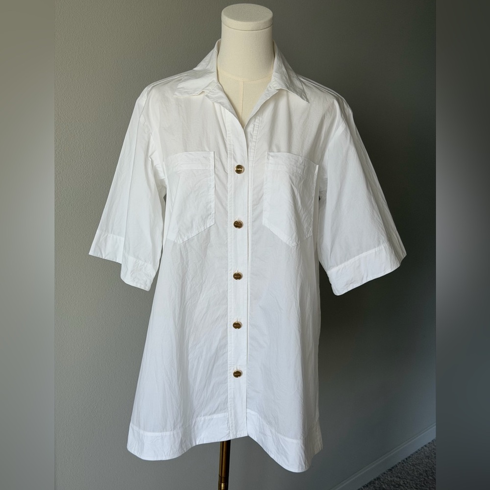 Sandro Oversized Cotton White Short Sleeve Button-Down Shirt / Tunic Size 0-S - Picture 2 of 16